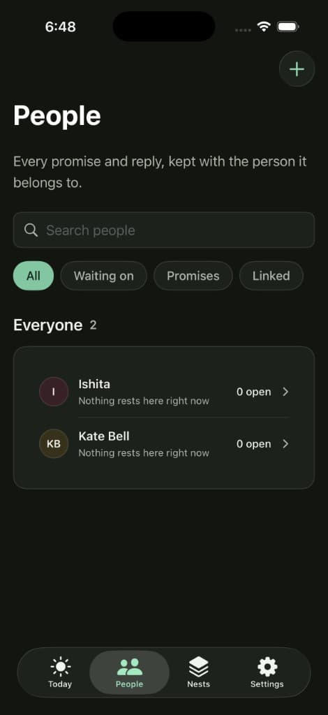 TuckBack People screen — open promises grouped by person
