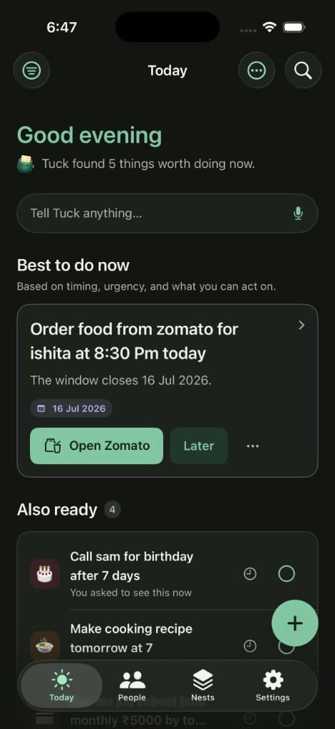 TuckBack Today screen — the single best thing to do now, with context