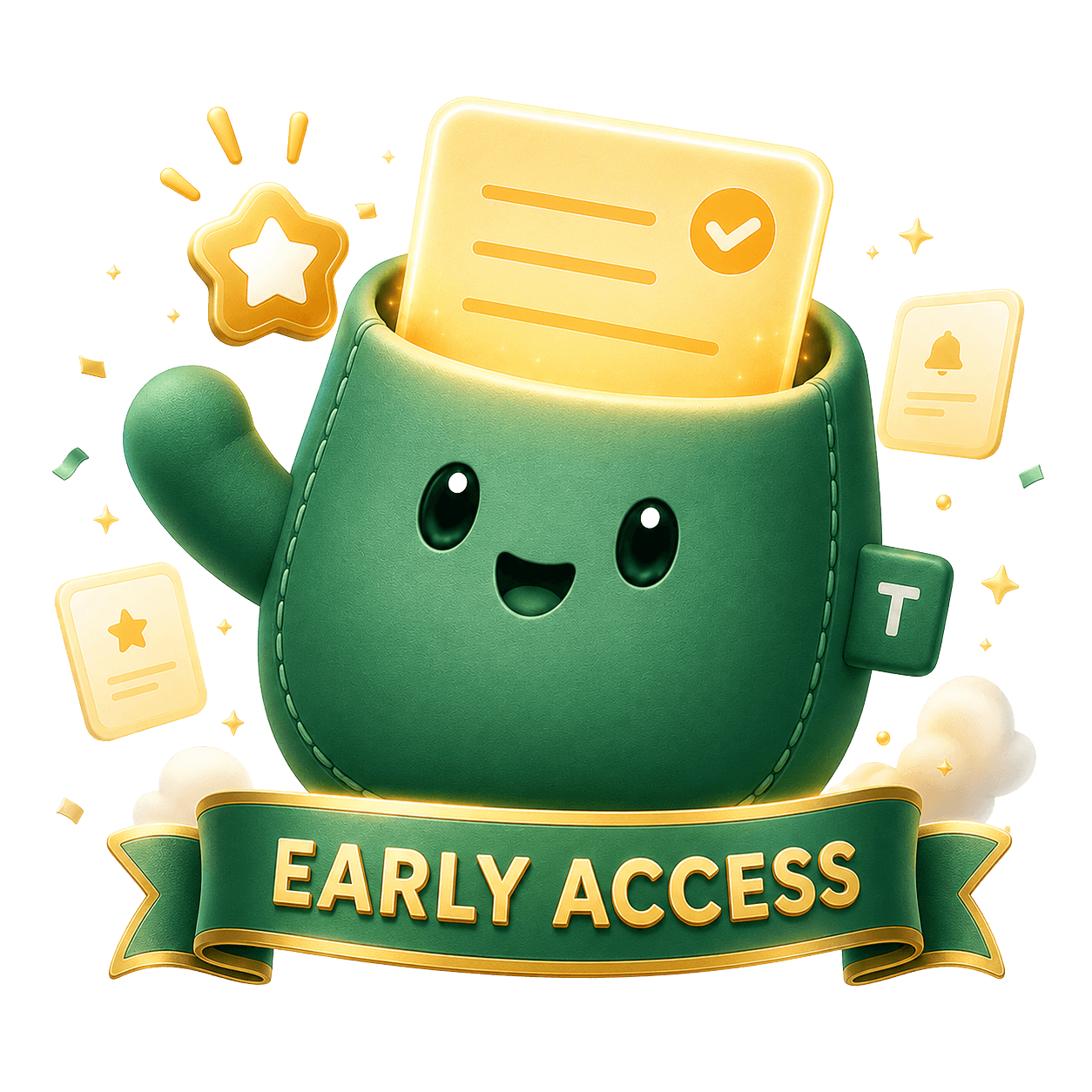 TuckBack mascot waving under an Early Access banner
