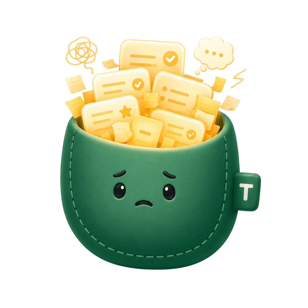 The TuckBack pouch mascot overflowing with notes, a little overwhelmed