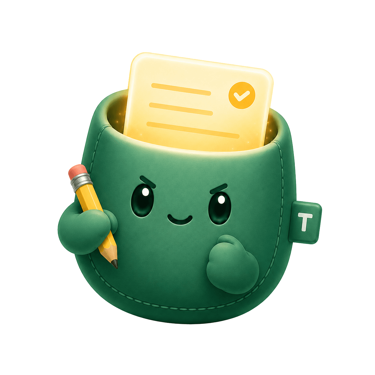 The TuckBack mascot writing down a captured thought with a pencil